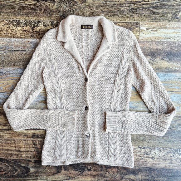 Loro Piana Made in Italy 100% Cashmere Cable Grid Knit Collar Cardigan Beige - Picture 4 of 15
